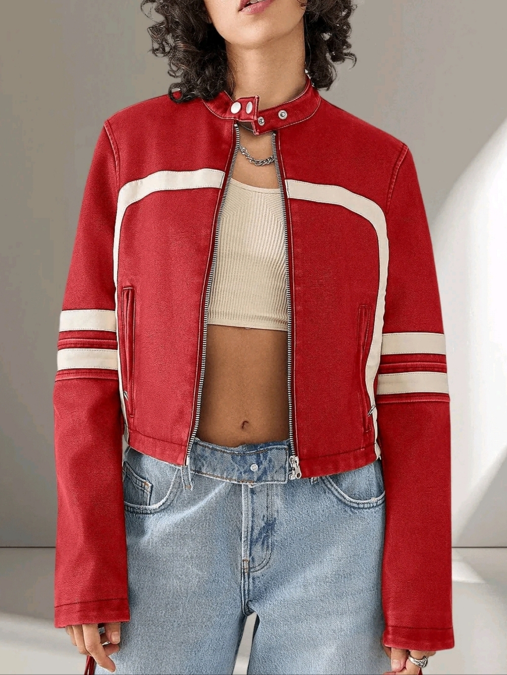 Women's Faux Leather Jackets Zip Up Stand Collar Cropped Viral Must-Have PU Coat